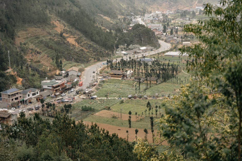 Aerial view of a rural village surrounded by fields and hills, showcasing a winding road.