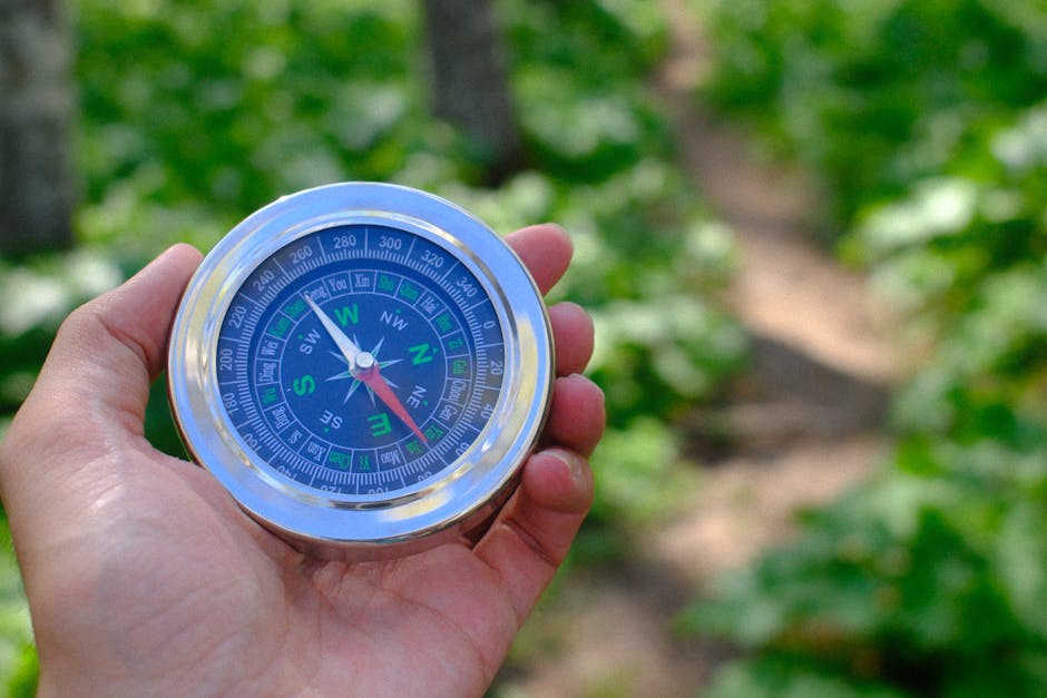 Person navigating a forest trail with a handheld compass, symbolizing exploration and adventure.